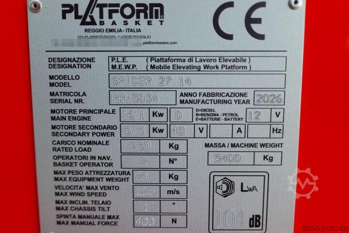 Scharnierende telescopische hoogwerker Platform Basket Spider 27.14 CE Declaration, Valid inspection, *Gu