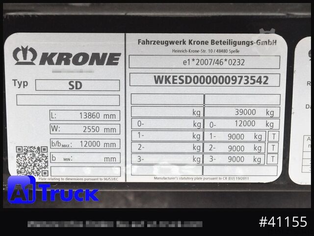 Otevřený návěs s plachtou KRONE SD, Tautliner Mega, Liftachse