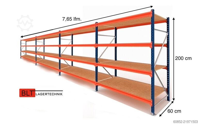 Estantería de almacenamiento de gran luz ca. 7,66 lfm. Weitspannregale H: 200 cm T: 60 cm , 400 kg Fachlast , 4 Ebenen