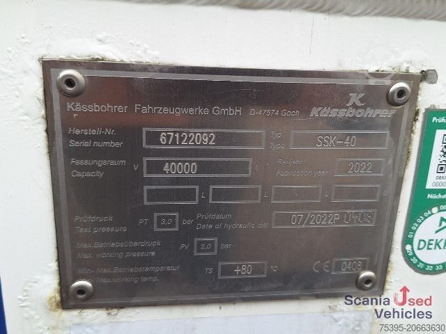 Tanksemitrailer Kässbohrer Lebensmitteltank Kippbar SSK 40XS Neuwertig !!