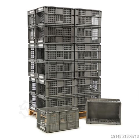 Gebruikte Euronorm stapelbakken met grijpopening  - L:600 x B:400 x H:320mm - Grijs - Kruizinga 98-7608GB-PAL