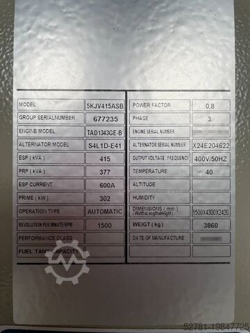 Generator set Volvo TAD1343GE-B - 415 kVA Generator - DPX-18879