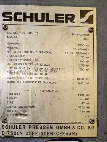 Automatický vysekávací stroj Schuler Pressen GmbH & Co. KG SAL 250-1.9 Mark II