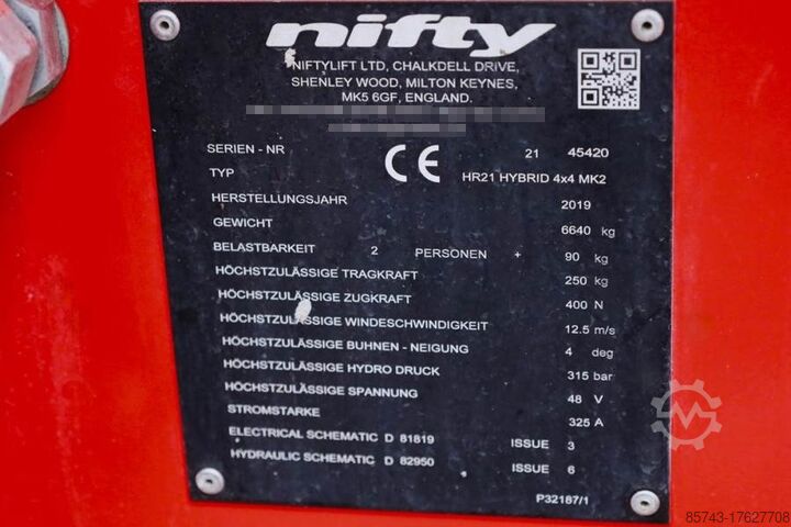 Gelenkteleskoparbeitsbühne Niftylift HR21 HYBRIDE 4x4 Valid Inspection, Hybrid, 4x4 Dri
