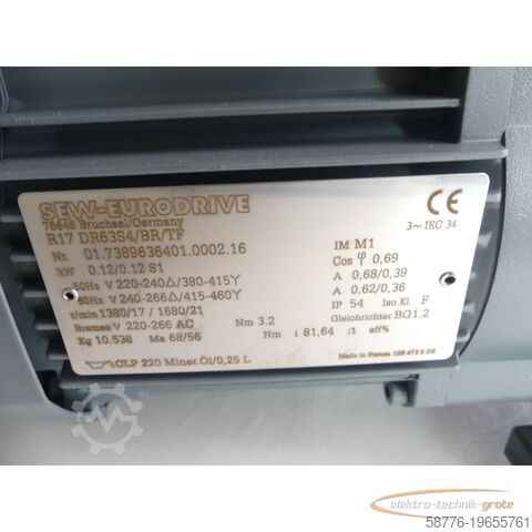 SEW-motor SEW-EURODRIVE R17 DR63S4/BR/TF 0,12kW Bremse V 220-266 Ac SN: 01.7389636401.0002.16