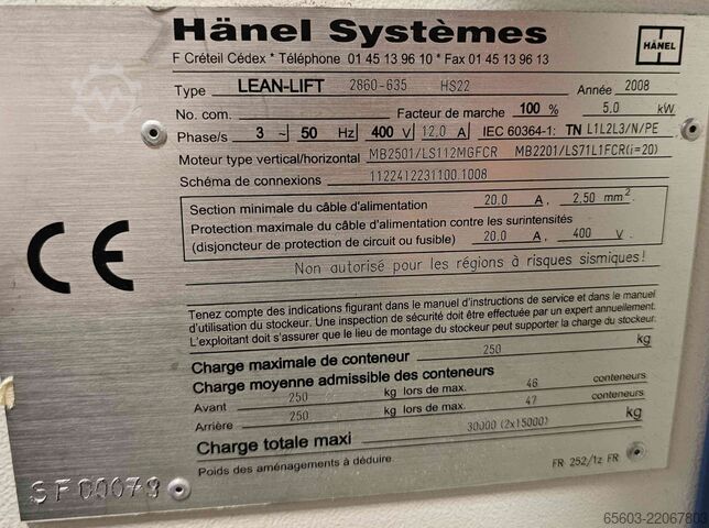 KARDEX SHUTTLE XP500-2450x864. 45T 500kg HANEL LEAN LIFT 2860-635 HS22