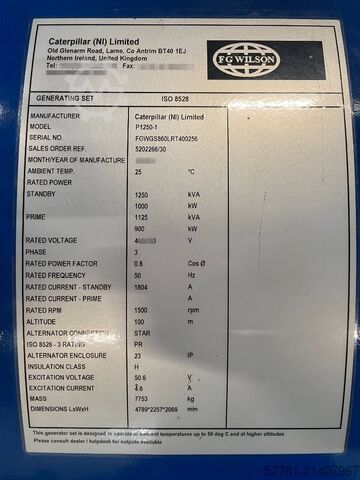 Generator set FG Wilson P1250-1 -  1250 kVA Open Genset - DPX-16028-O